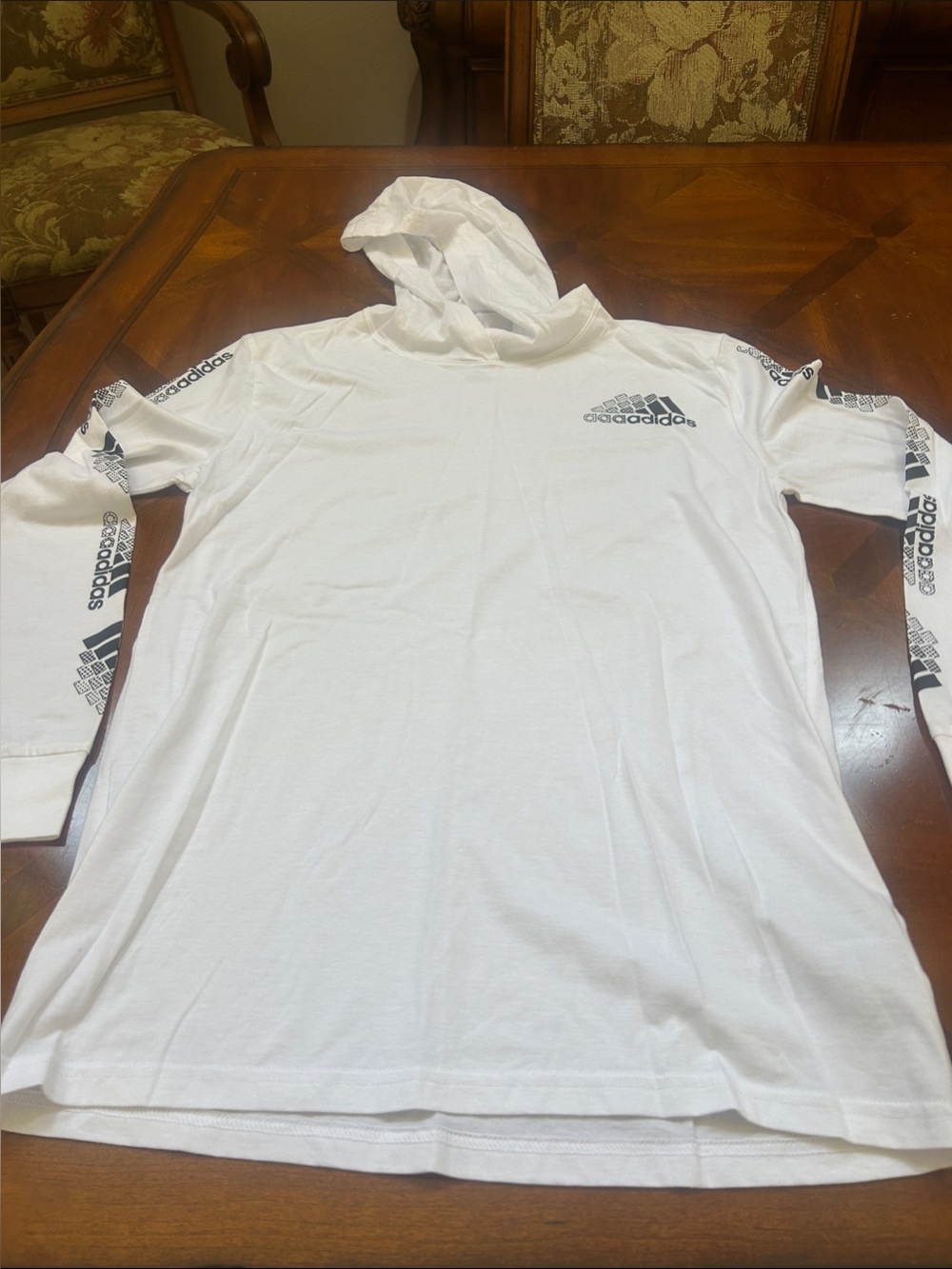Boys 14-16 Adidas White Hooded Long Sleeve Tee with Black Logo Stripes